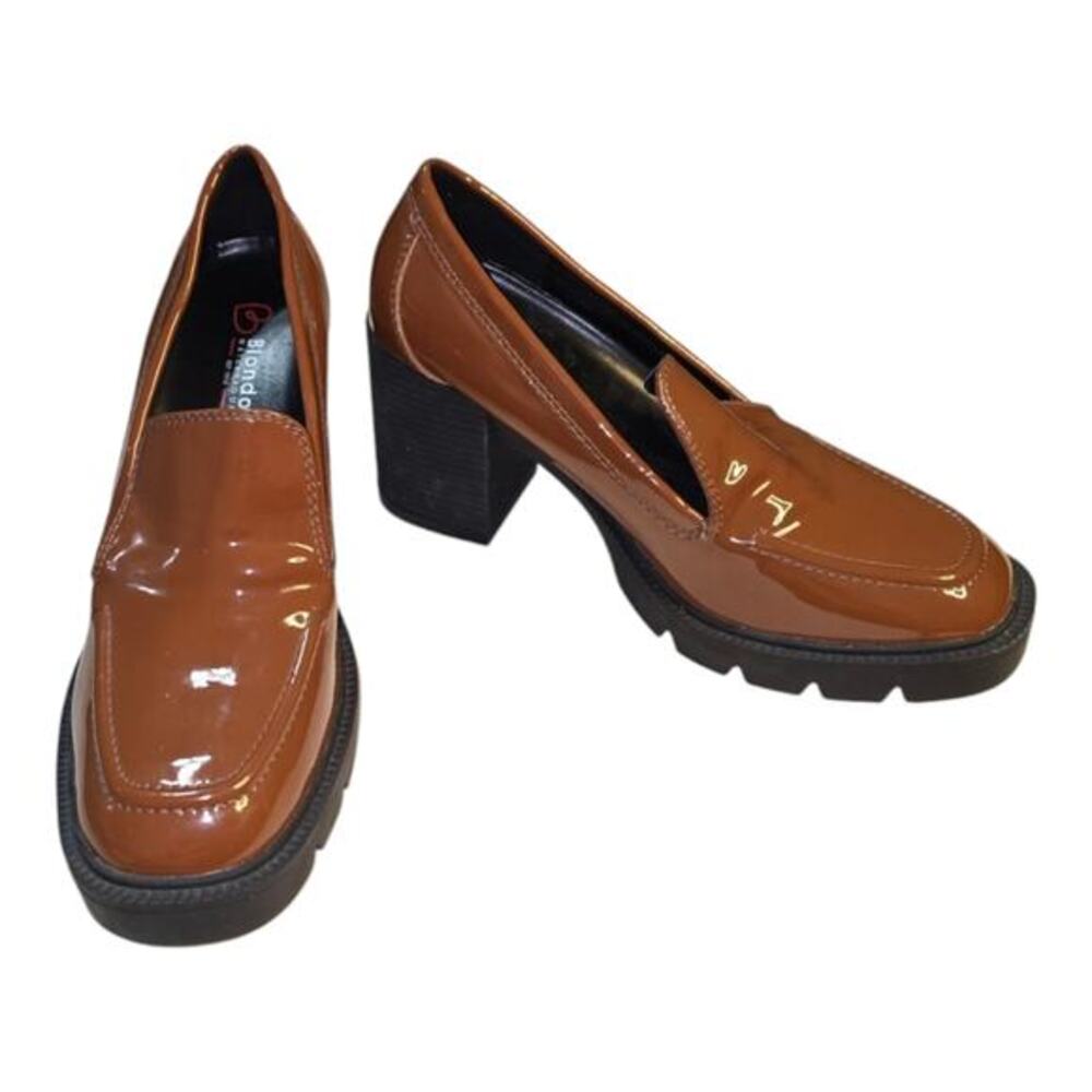 Blondo‎ Brown Patent Leather Josie Waterproof Heeled Chunky Mule Loafers Size 10